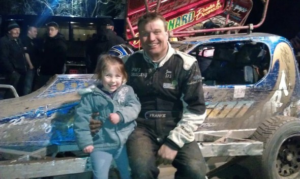 Lena Trevarthen age 3 with Frankie at Coventry. Lena's dad races a Rebel, and her uncle races an F2. She says she wants a pink Ministox like Phoebe's!
